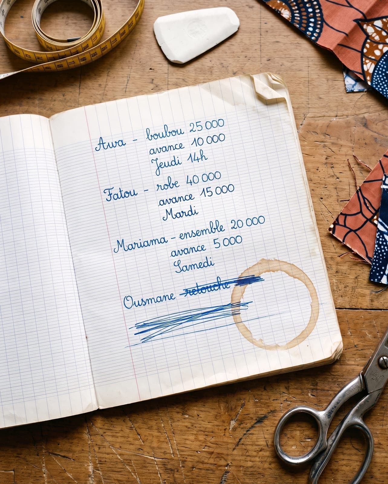 Carnet de commandes manuscrit sur une table d’atelier