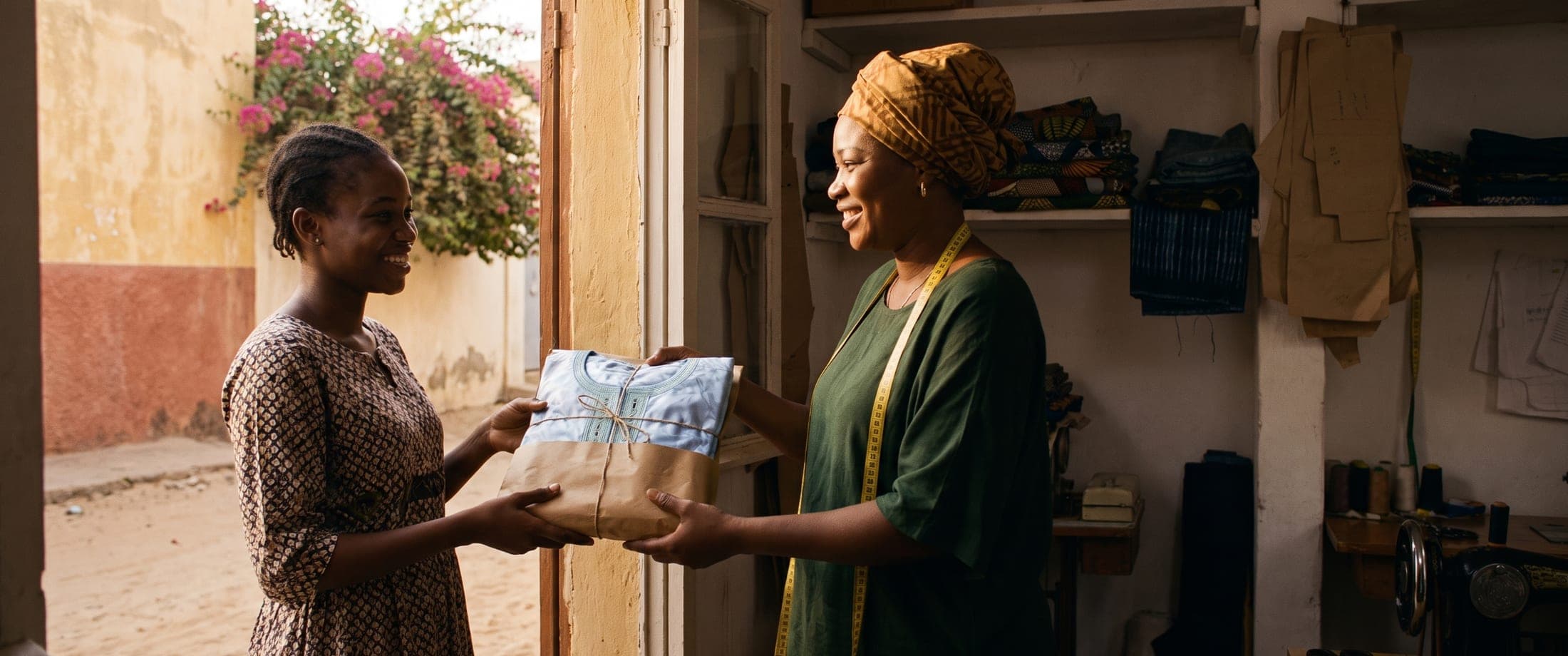 La couturière remet un boubou brodé à sa cliente, à la porte de l’atelier