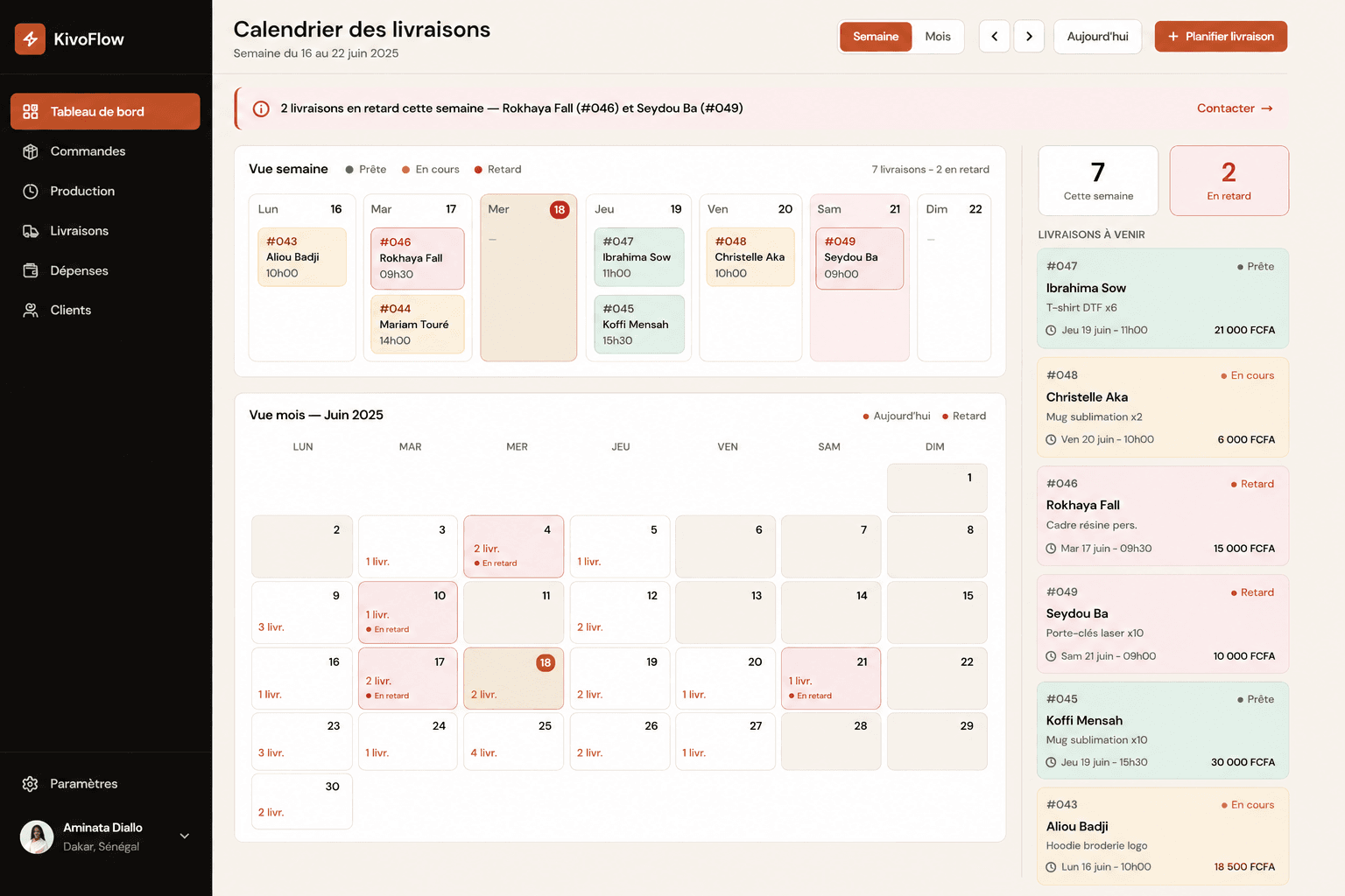Calendrier des livraisons KivoFlow en vue semaine